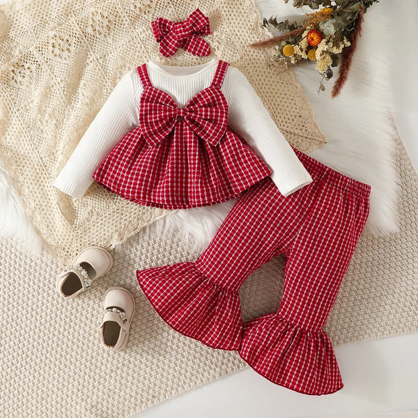 Baby Girl Plaid Bow Top And Pant With Headband