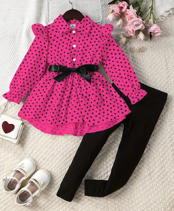 Girls Pink Heart Printed Top And Legging 2 Pcs Set