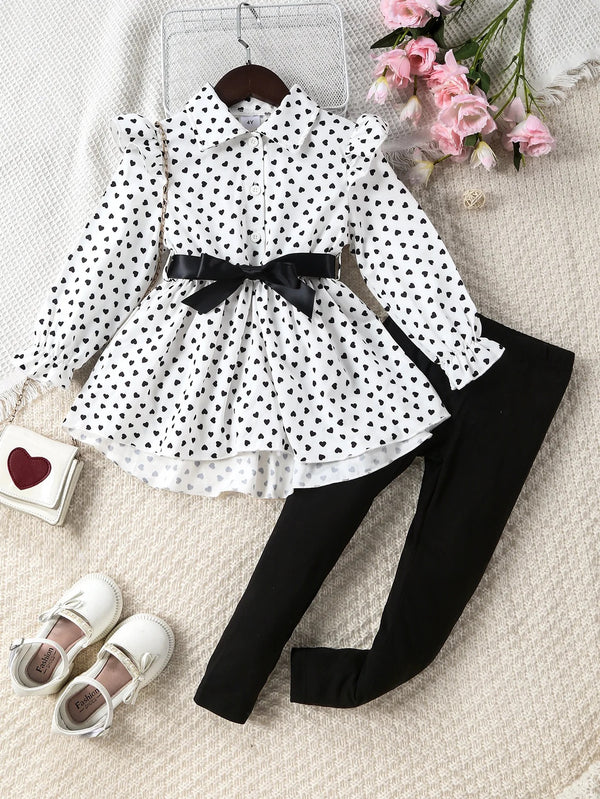 Girls White Heart Printed Top And Legging 2 Pcs Set