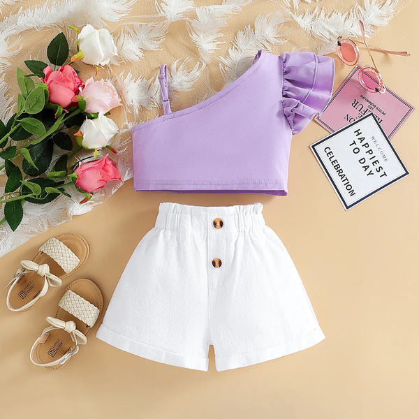 Girls Purple Crop Top And Shorts 2 Pcs Set