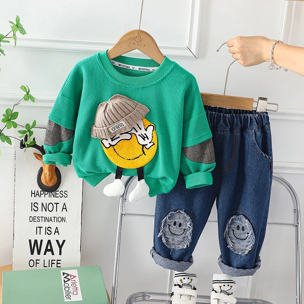 Boys Green Smiley Sweatshirt And Jeans 2 Pcs Set