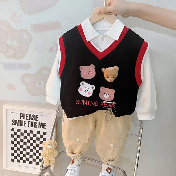 Boys Shirt With Printed Sweater And Jogger 3 Pcs Set