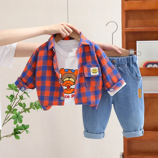 Boys Red Checkered Shirt With T-shirt And Jeans 3 Pcs Set