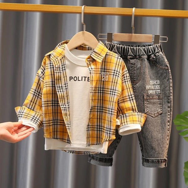 Boys Checkered Shirt With Text Printed T-Shirt And Jeans