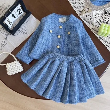 Girls Blue Tweed Jacket And Pleated Skirt 2 Pcs Set