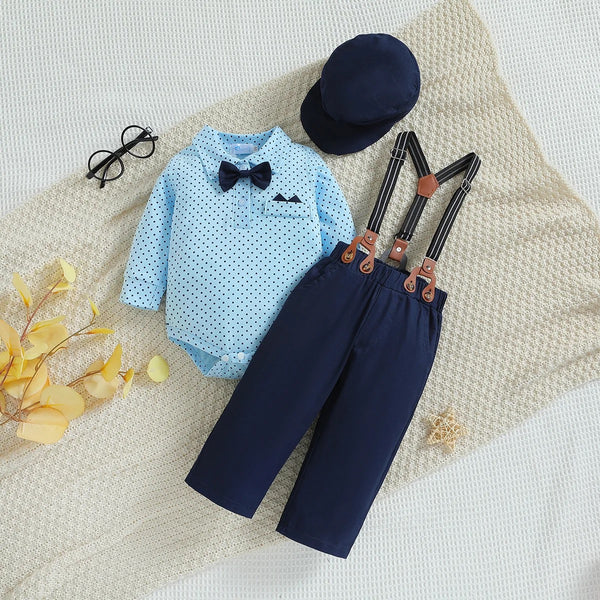 Baby Boy 3Pcs Set Shirt With Bow, Suspender Pant And Cap