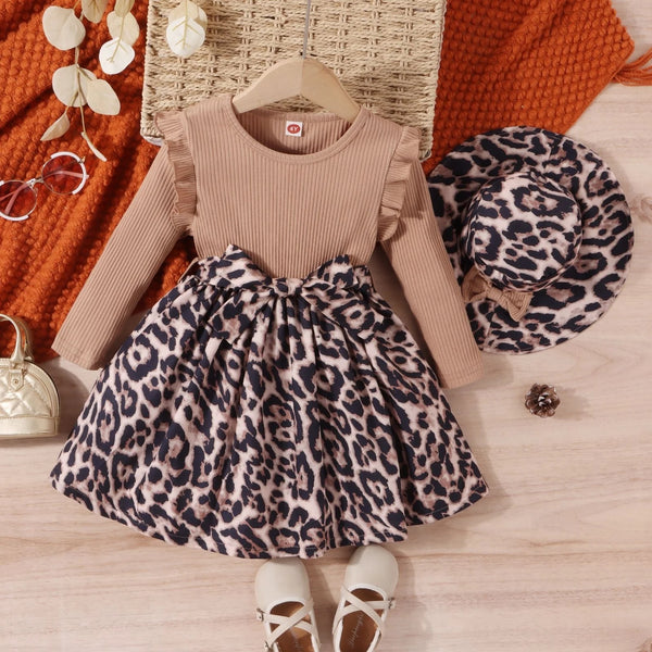 Girls Animal Printed Bow Dress With Hat