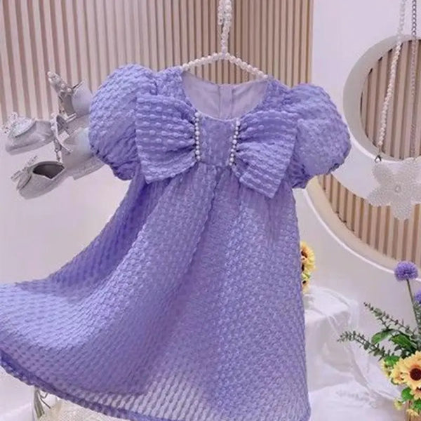 Girls Purple Self Designer Bow Dress