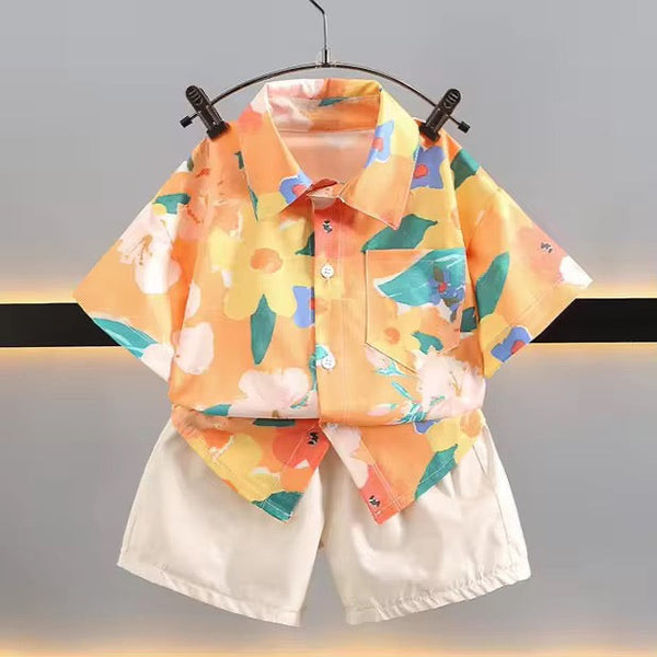 Boys Orange Floral Shirt With White Shorts 2 Pcs Set