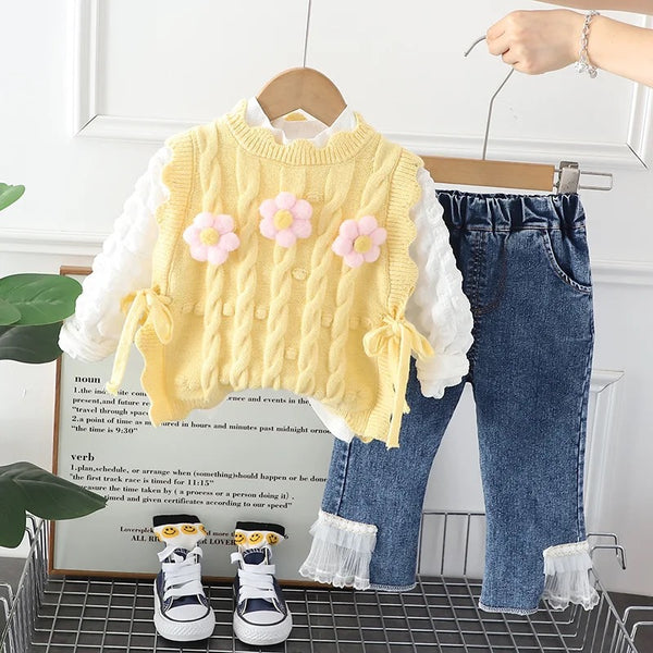 Girls Self Design Flower Motif Sweater with T-shirt  And Jeans 3 Pcs Set