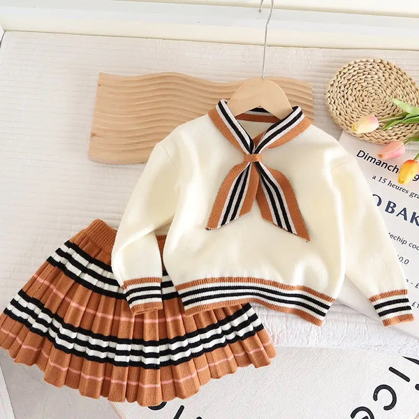 Girls Sweater And Striped Pleated Skirt 2 Pcs Set