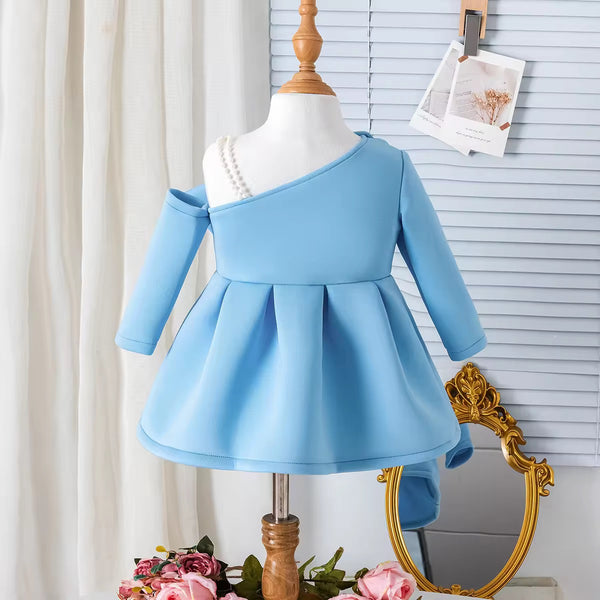 Girls Blue 3D Bow Pearl Dress