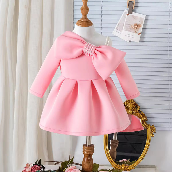 Girls Pink 3D Bow Pearl Dress