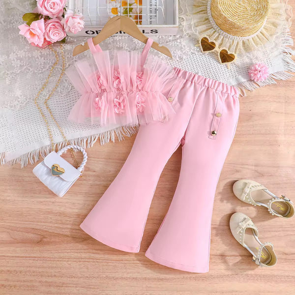 Girls Pink 3D Mesh Top With Flared Pants 2 Pcs Set