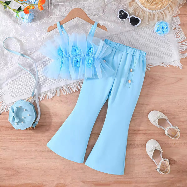 Girls Blue 3D Mesh Top With Flared Pants 2 Pcs Set