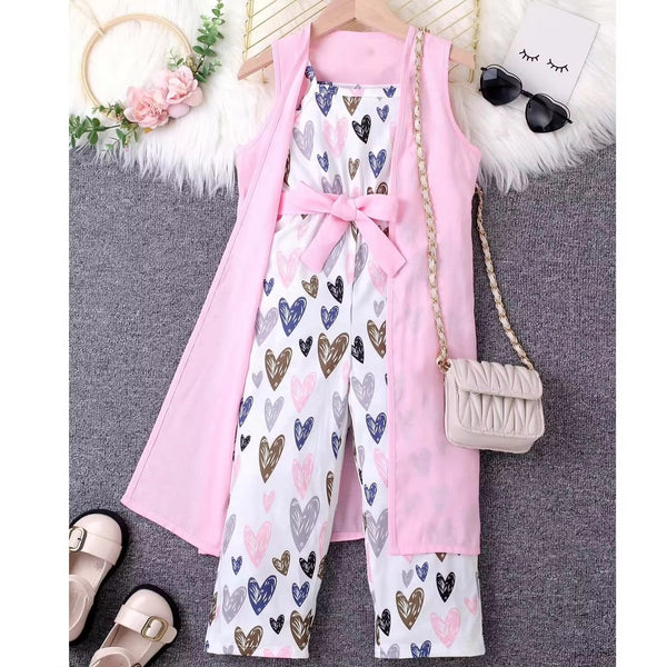 Girls Heart Printed Jumpsuit With Pink Long Jacket