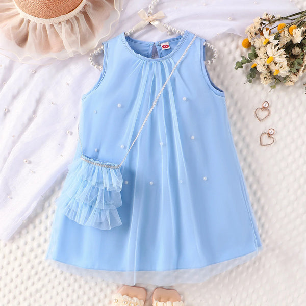 Girls Solid Pearl Embellished Dress  With Bag