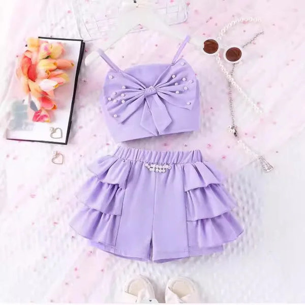 Girls Purple Solid Bow Top And Ruffled Shorts