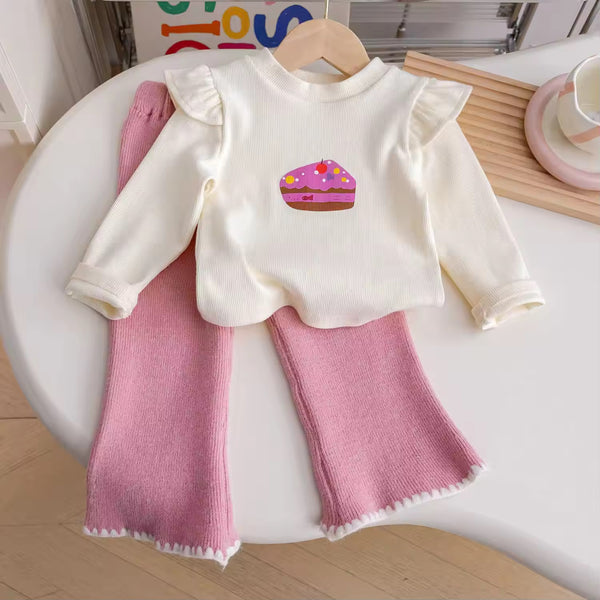 Girls White Knitted Top With Pink Pants