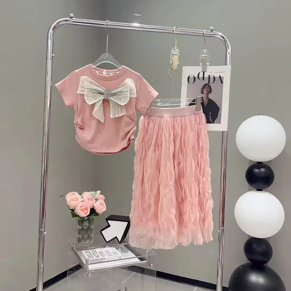 Girls Pink Bow Top And Mesh Skirt 2 Pcs Set