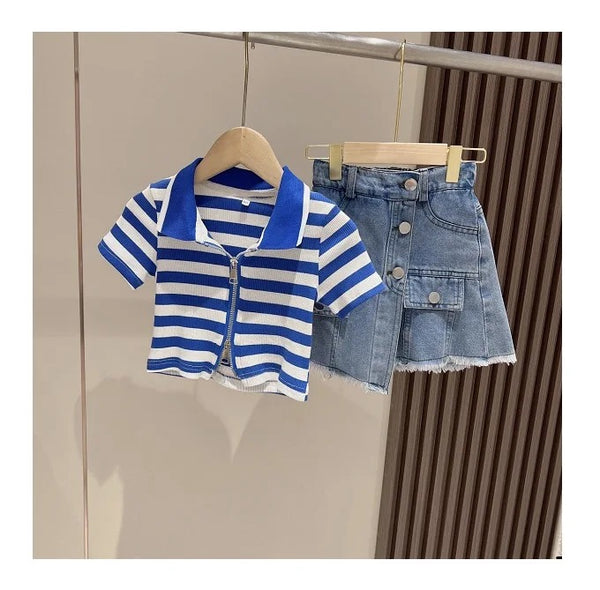 Girls Striped Zipper Top And Denim Skirt 2 Pcs Set