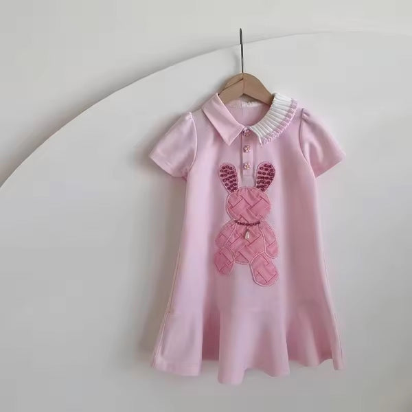 Girls Pink Teddy Bear Patch Polo Dress