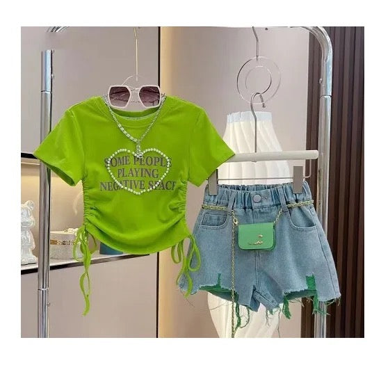 Girls Top And Rugged Shorts With Bag 3 Pcs Set