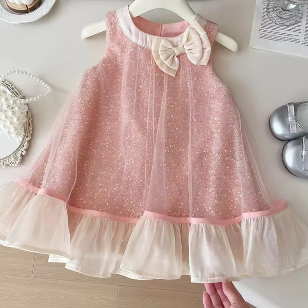 Girls Pink Tulle Party Dress With Bow And Ruffle Hem