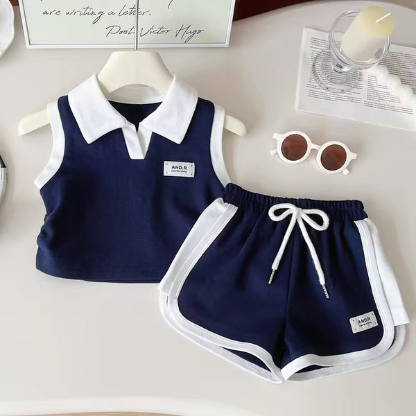 Girls Blue Polo Top And Shorts 2 Pcs Set