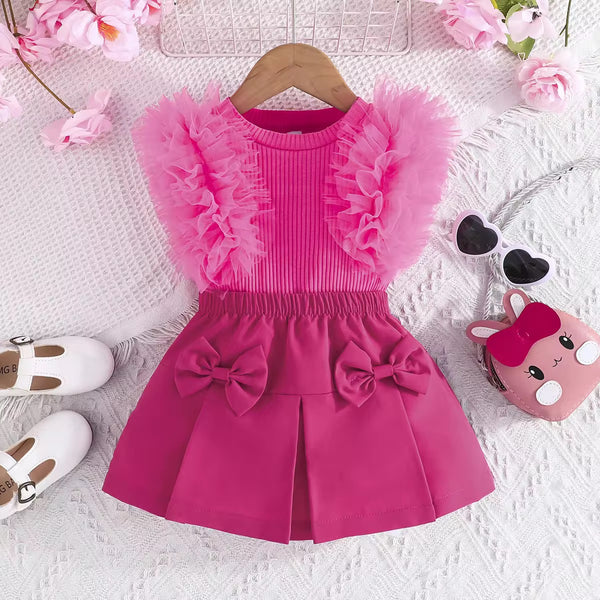 Girls Pink Ruffled Top With Matching Skirt 2 Pcs Set