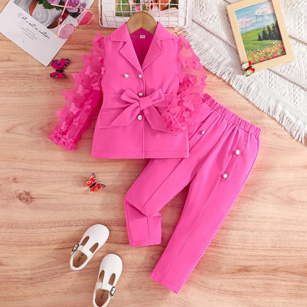 Girls Pink 3D Butterfly Jacket And Pants 2 Pcs Set