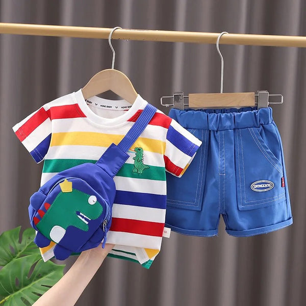Boys Striped T-shirt And Shorts With Bag