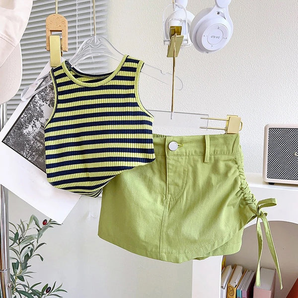 Girls Green Striped Top And Shorts 2 Pcs Set