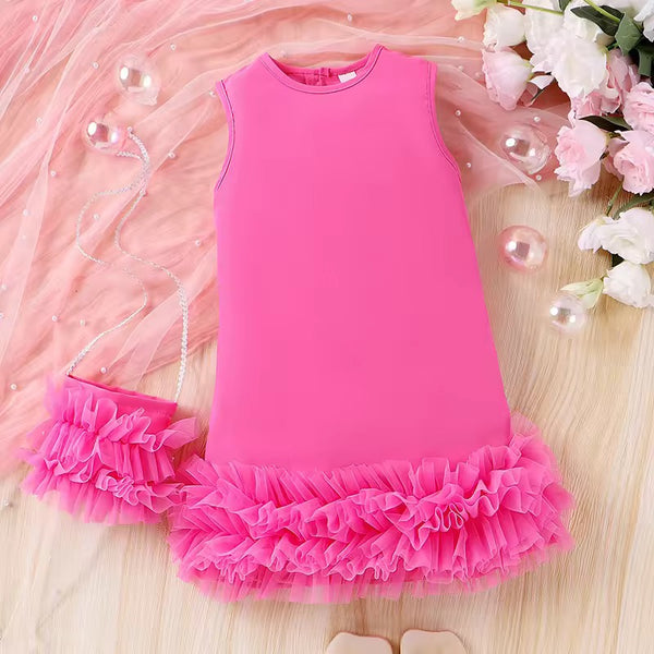 Girls Hot Pink Elegant Ruffle Dress With Bag