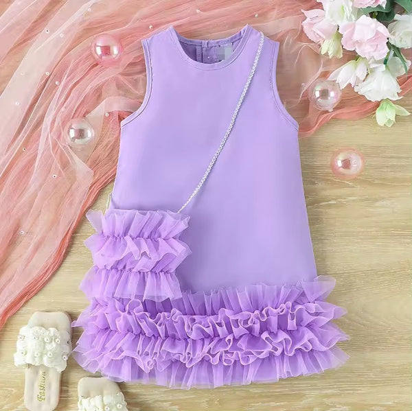 Girls Purple Elegant Ruffle Dress With Bag