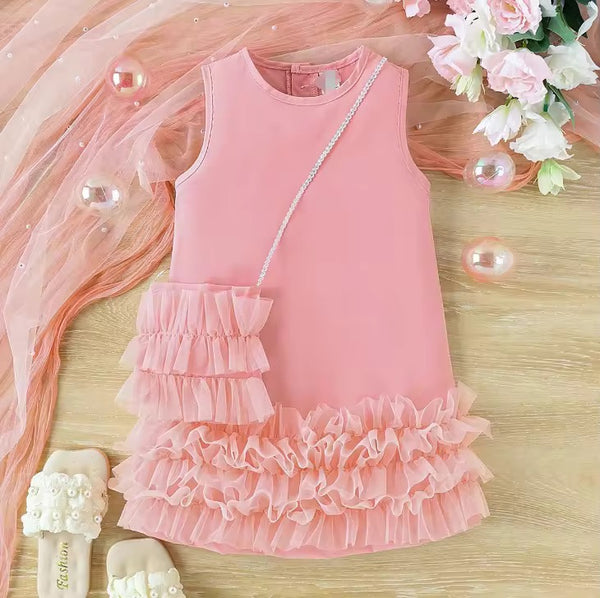 Girls Pink Elegant Ruffle Dress With Bag