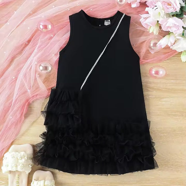 Girls Black Elegant Ruffle Dress With Bag