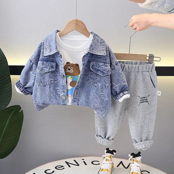 Boys Cartoon Printed Shacket With T-shirt And Jogger 3 Pcs Set