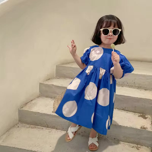 Girls Summer Blue Polka Dot Dress