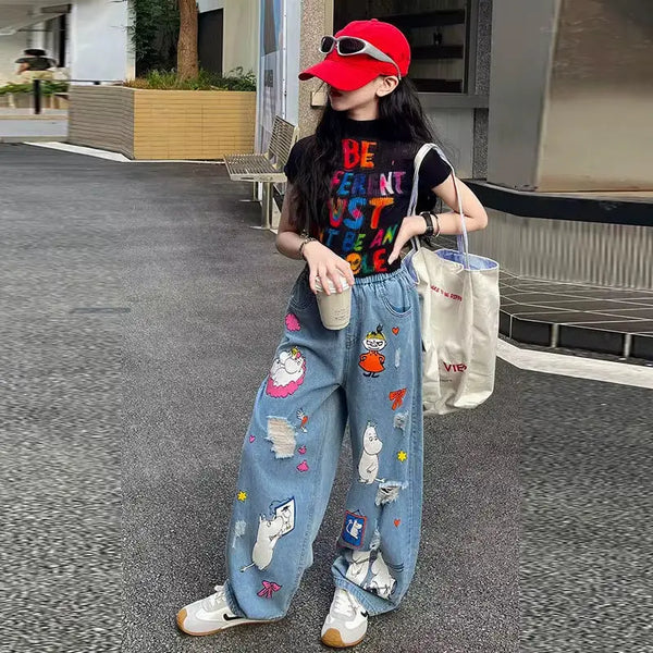 Girls Typography Tee And Ripped Print Jeans TrendyKid