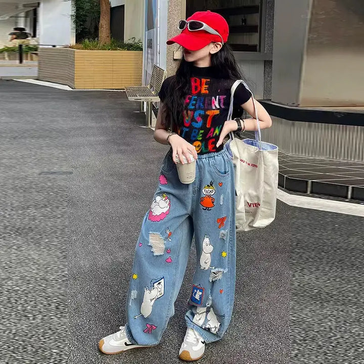 Girls Typography Tee And Ripped Print Jeans TrendyKid