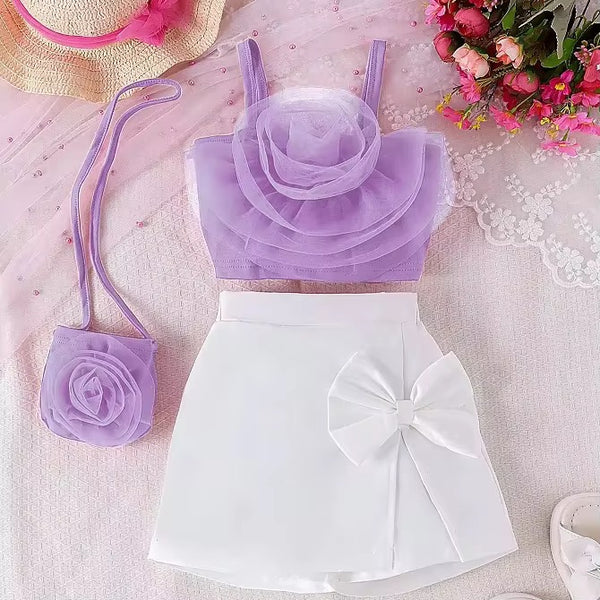 Girls Purple Organza Top And Skirt With Bag