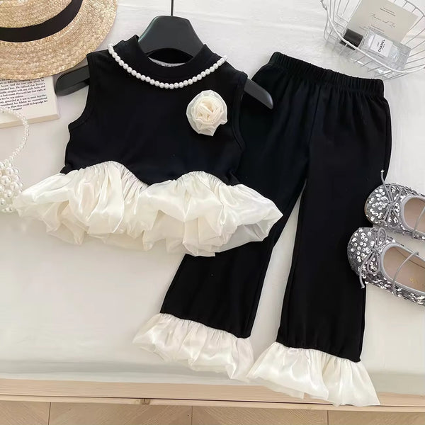 Girls Elegant Black Top And Pants With Ruffled Details