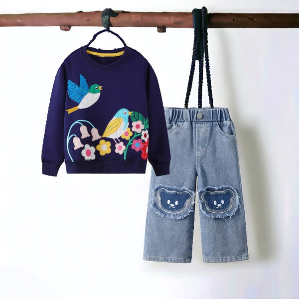 Girls Patchwork Sweatshirt with Wide Fit Jeans
