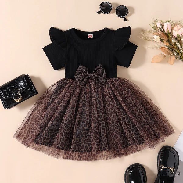 Girls Bow Printed Tulle Dress