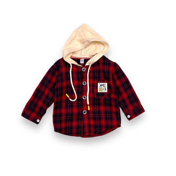 Boys stylish hoodie collar red checkered casual shirt