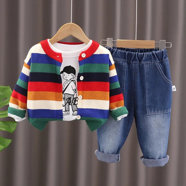 Boys Multicolored Striped Sweater With Printed T-shirt And  Jeans