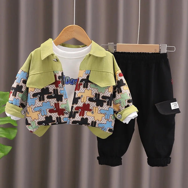 Boys Designer Shacket With T-shirt And Pants 3 Pcs Set