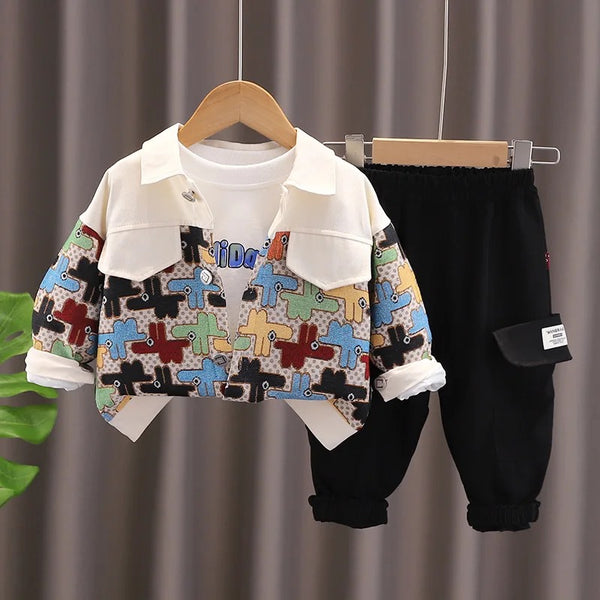 Boys White Designer Shacket With T-shirt And Pants 3 Pcs Set