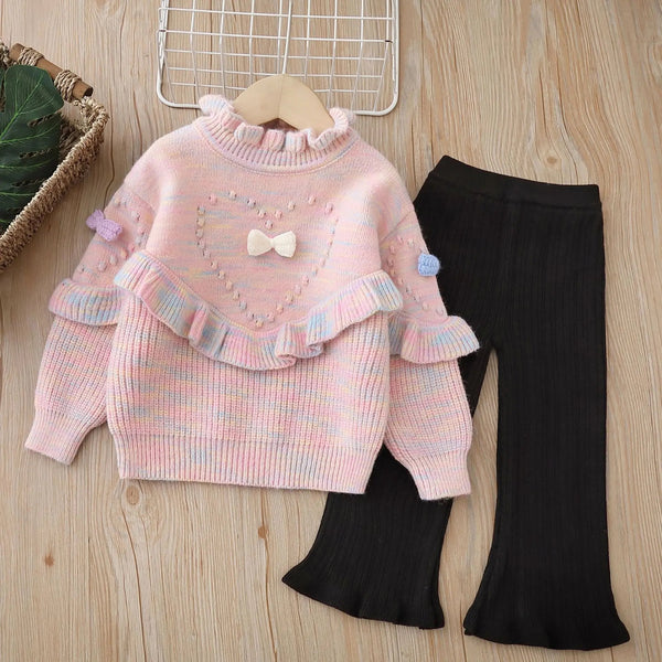 Girls Pink Knitted Sweater And Plazzo 2 Pcs Set